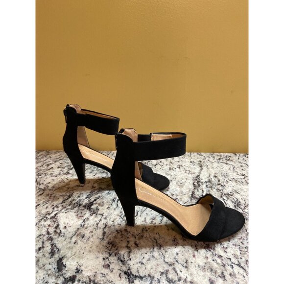 Shoeland Ankle Strap Heels 7  Black Suede Classic Open Toe Block Heel Sandals - Picture 6 of 9